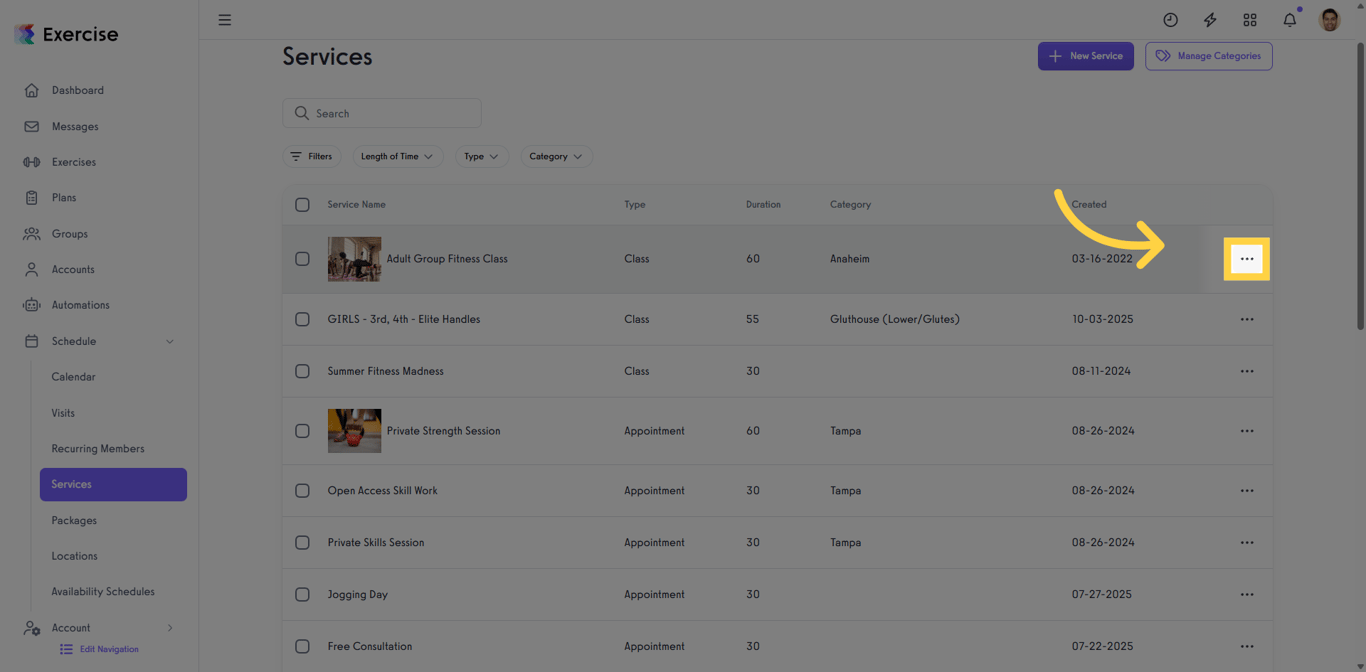 Screenshot showing where to find the service options button.