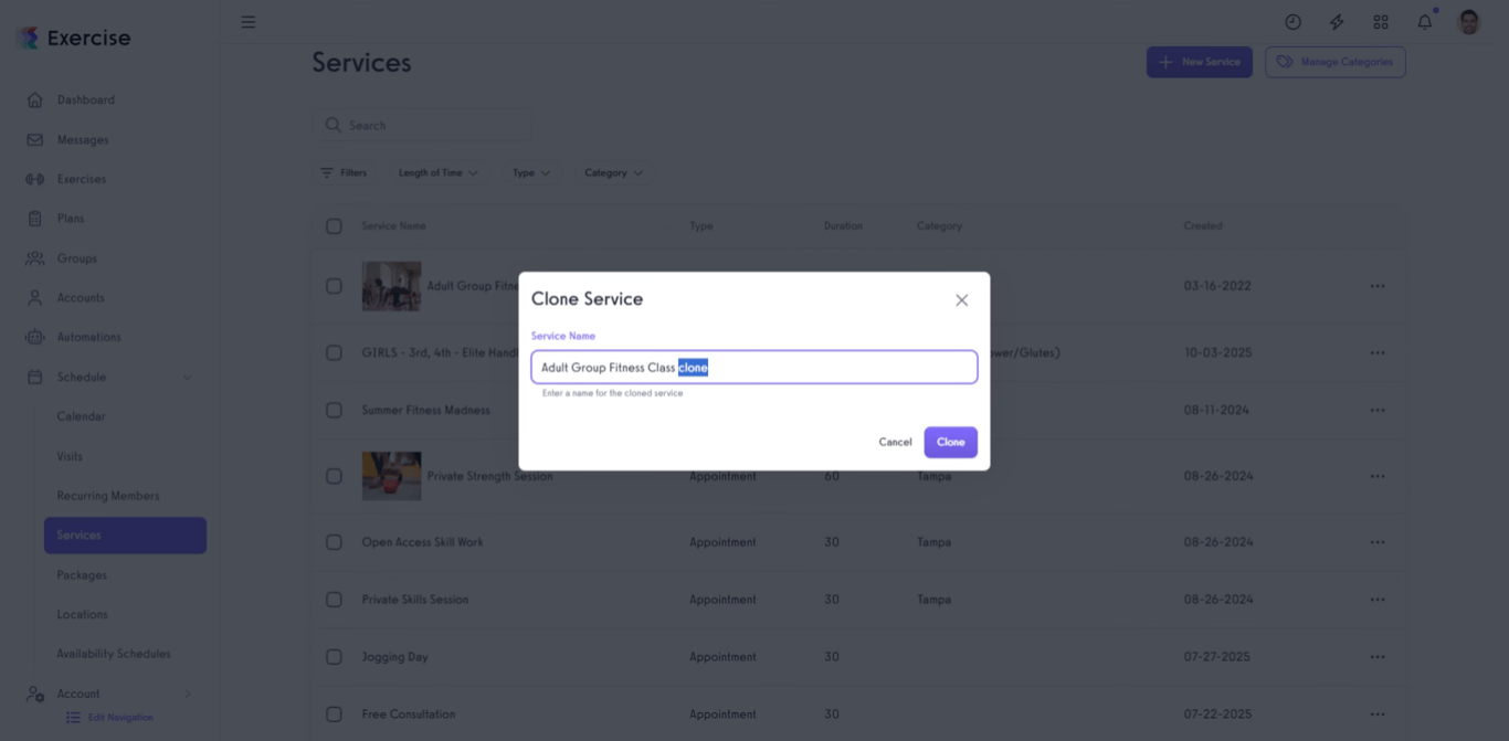Screenshot showing how to enter a new service name in Exercise.com.