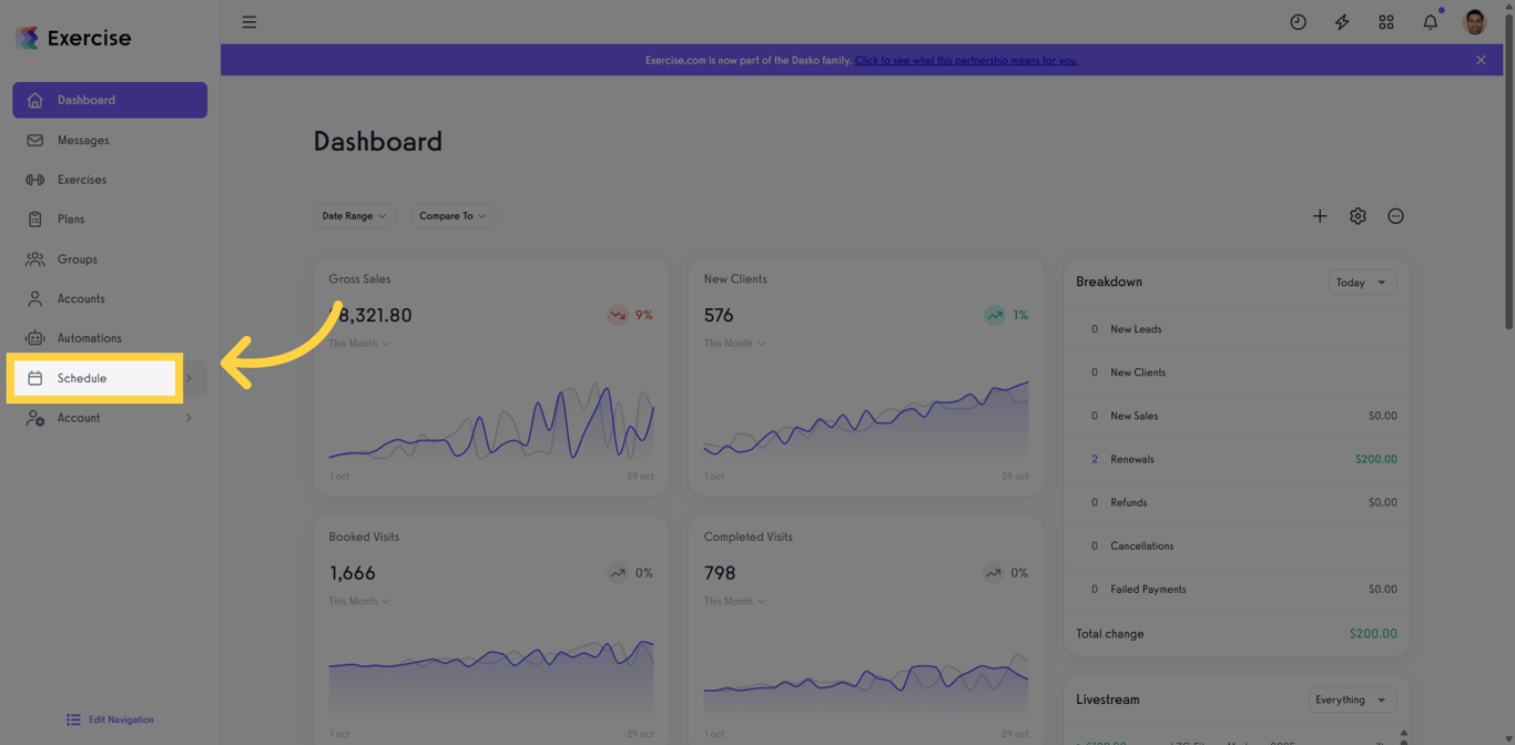 Screenshot showing how to navigate to the Schedule tab in Exercise.com.