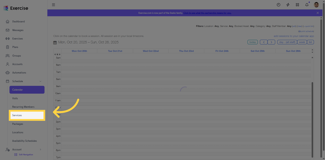 Screenshot showing the Services menu in Exercise.com.