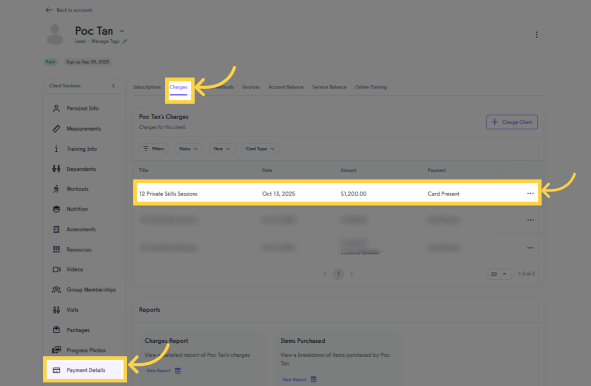 View the client’s Charges tab to confirm payment.