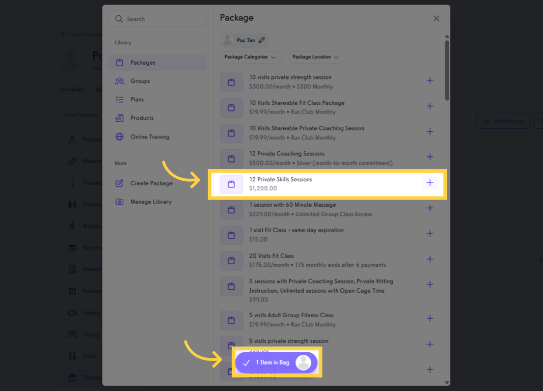 Select the package and click 1 Item in Bag.