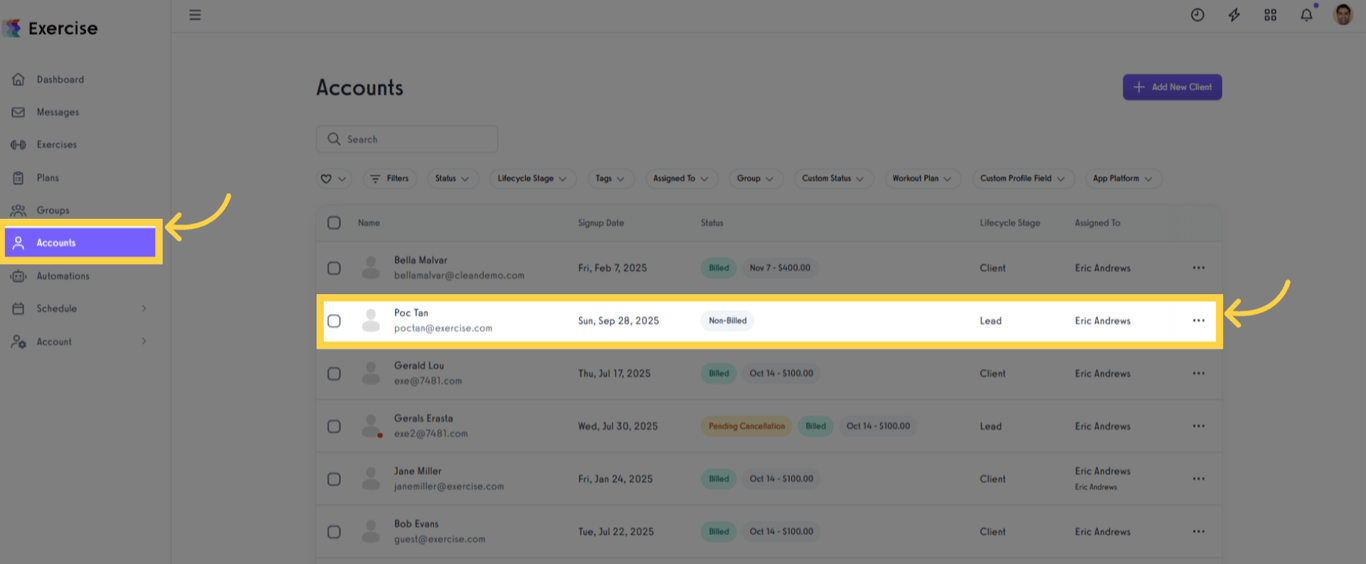 Select the client from the Accounts section.