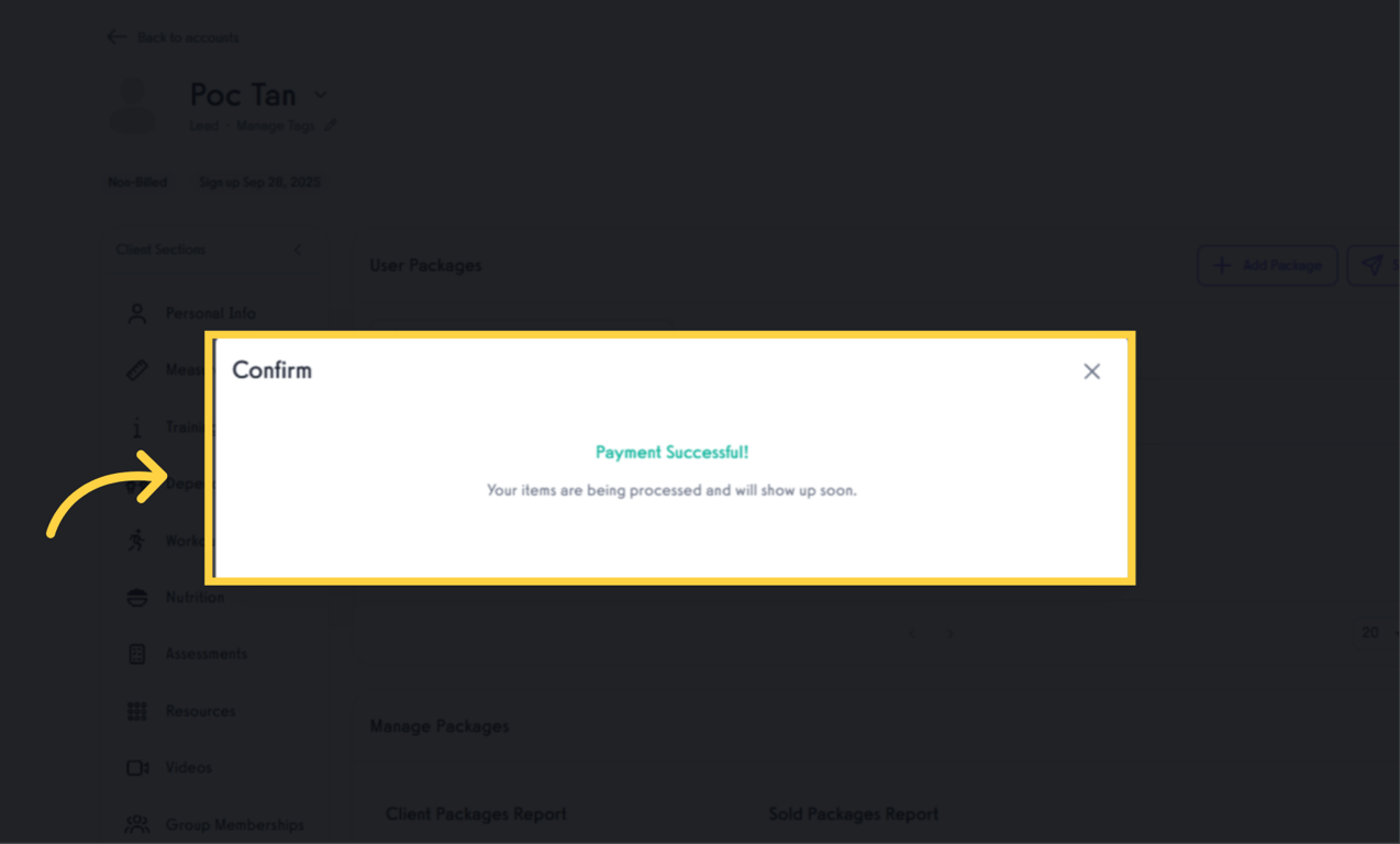 Payment successful confirmation screen.