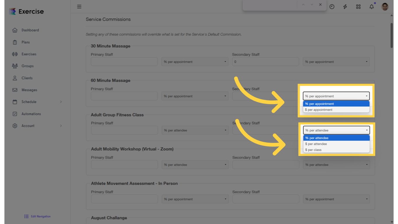 Select commission option for each available service.
