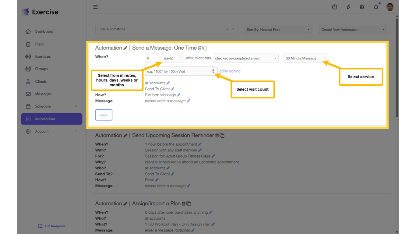 Select the service and the number of visits completed to trigger the message.