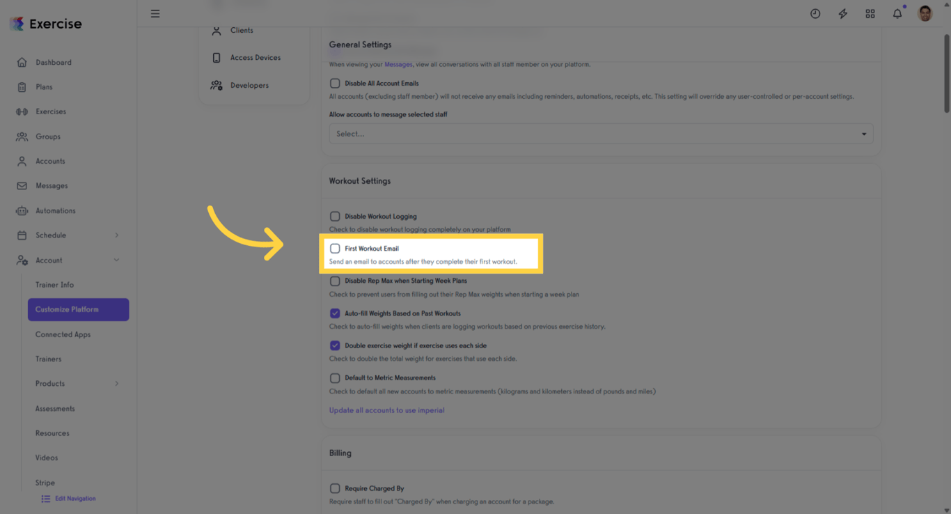 Enable First Workout Email