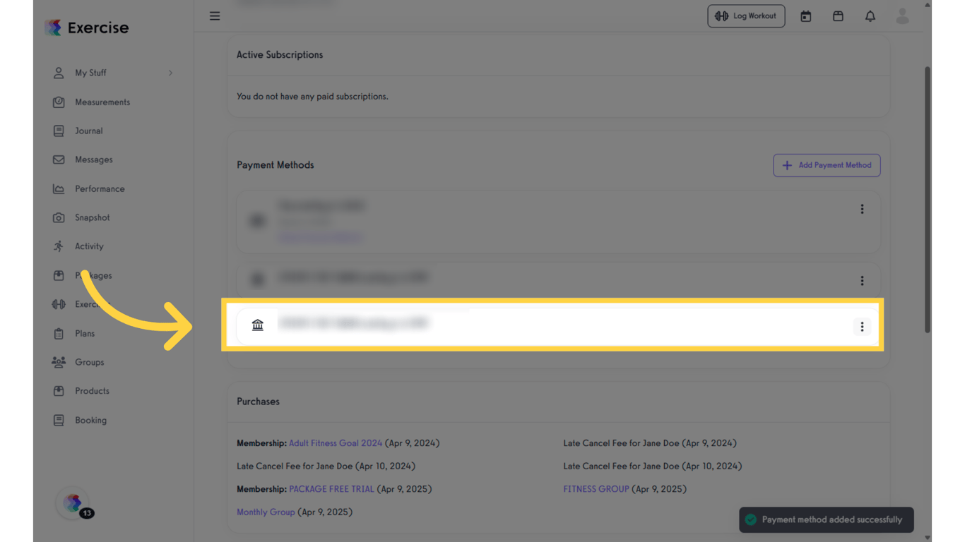 Selected bank account added to Billing Information.