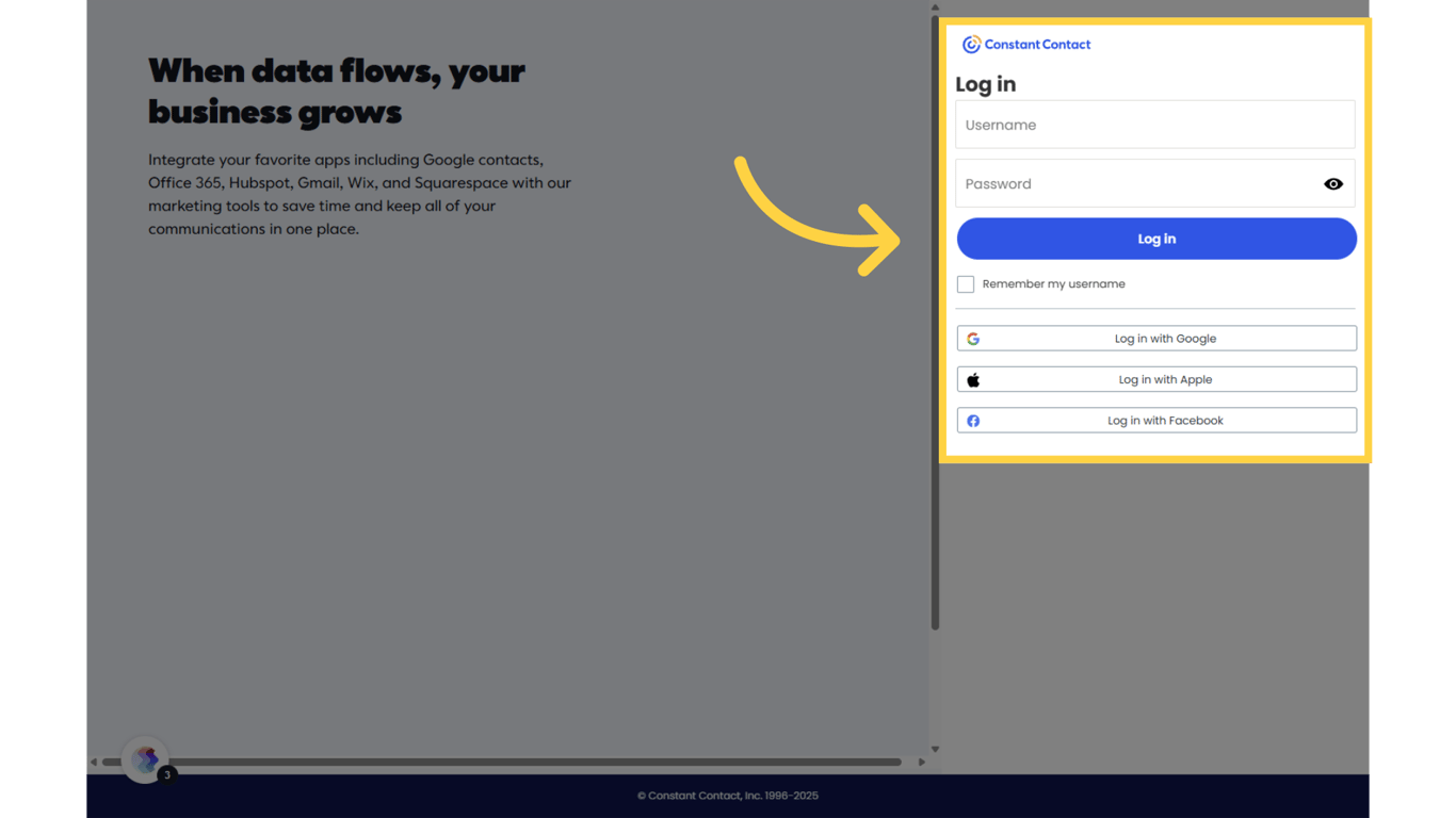 Enter login info for Constant Contact in the pop-up and click “Log in” to submit.
