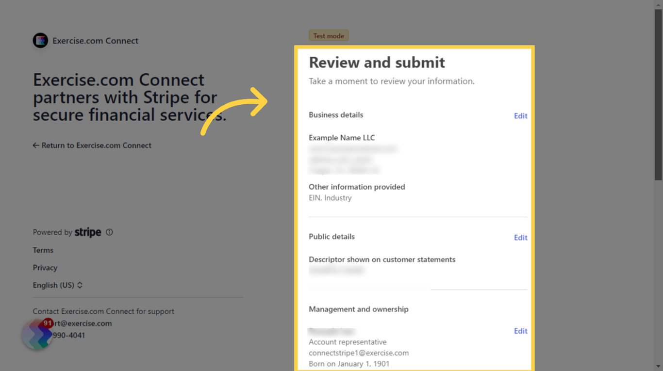 Review your account details and submit them to complete your account setup.