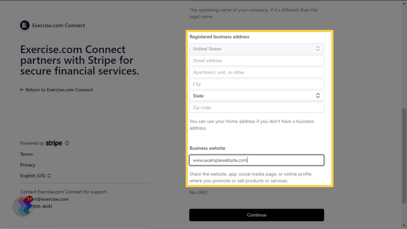 Enter your business address and website.