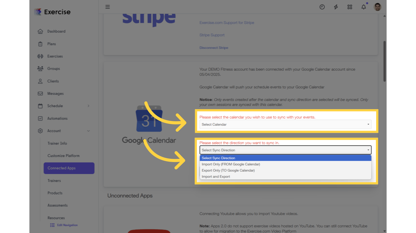 Select the calendar and the sync direction setting.