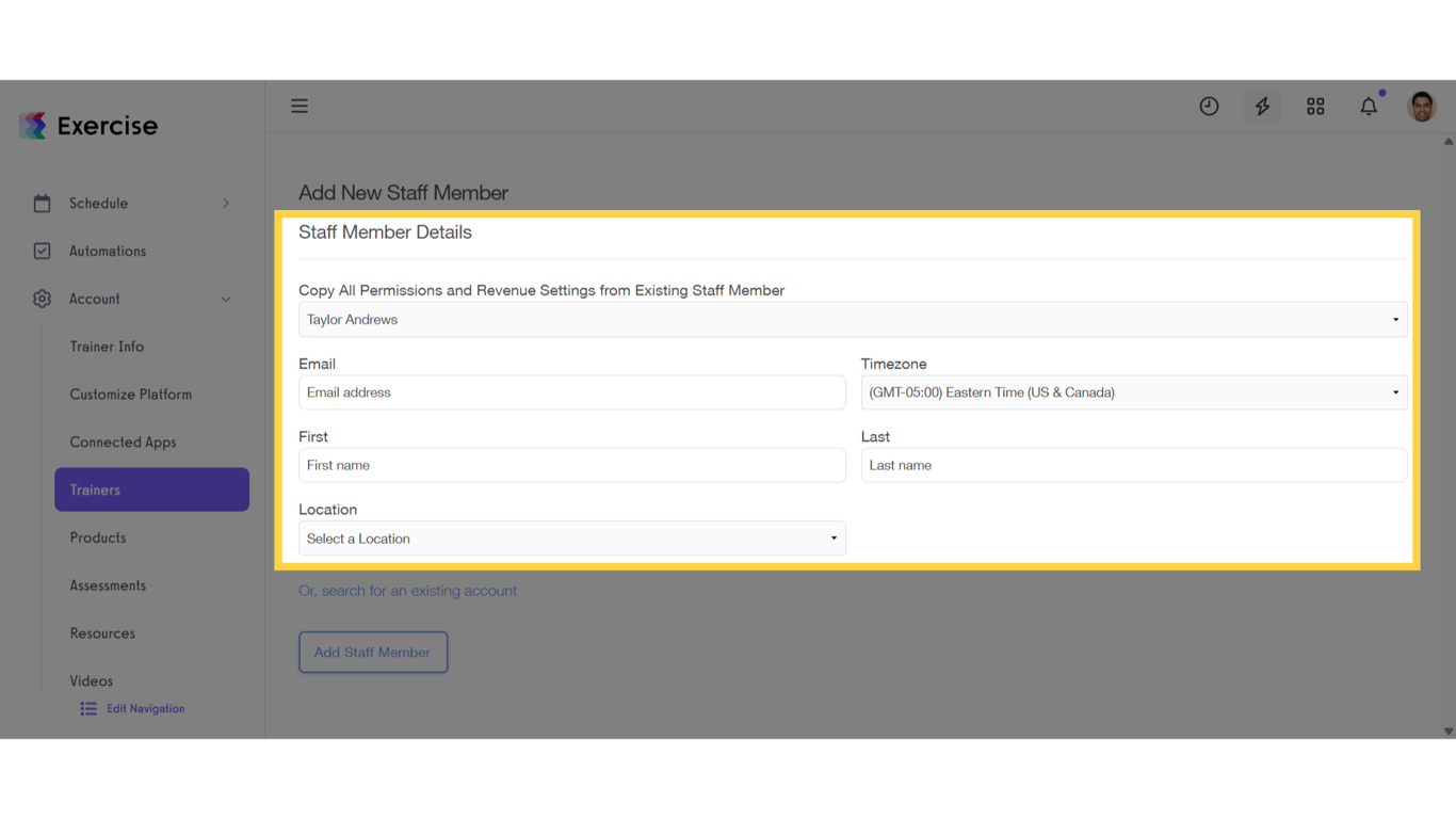 Enter the new staff member’s details