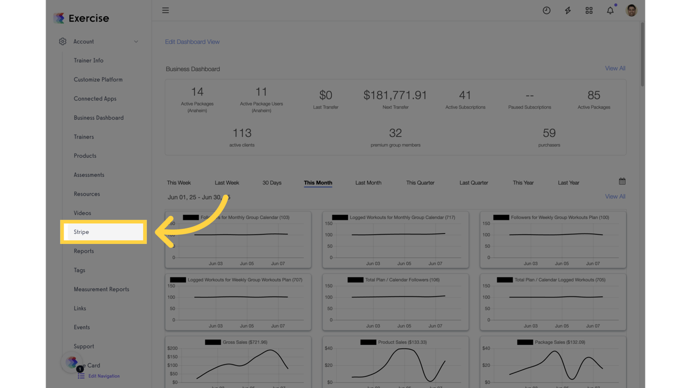 Click on the 'Stripe' menu.