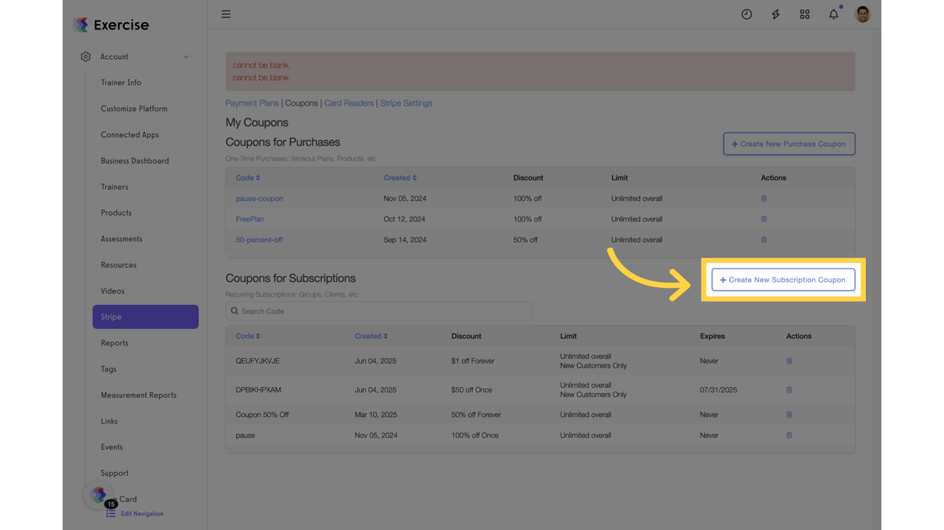 Click 'Create New Subscription Coupon'