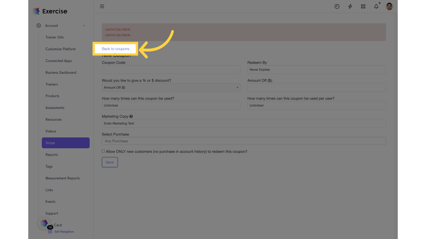 Click 'Back to coupons'