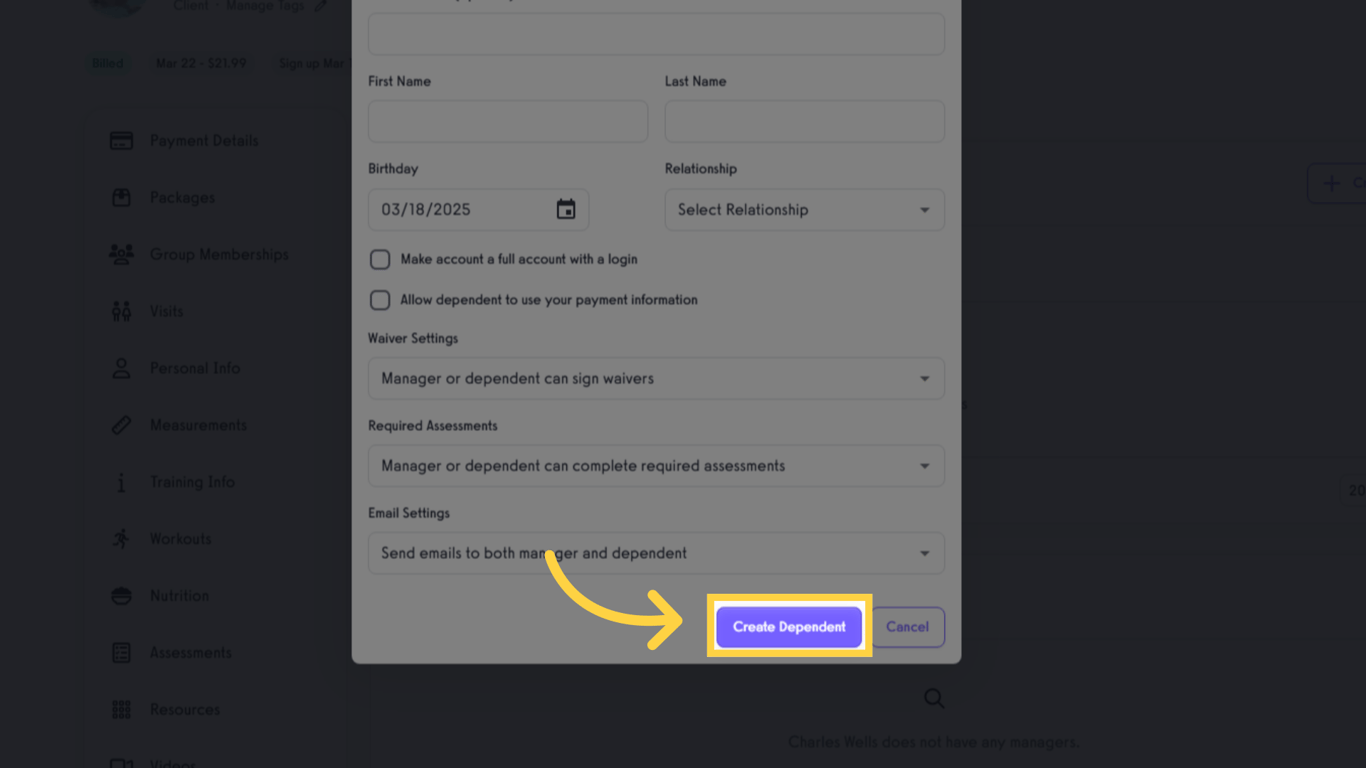Click 'Create Dependent'.