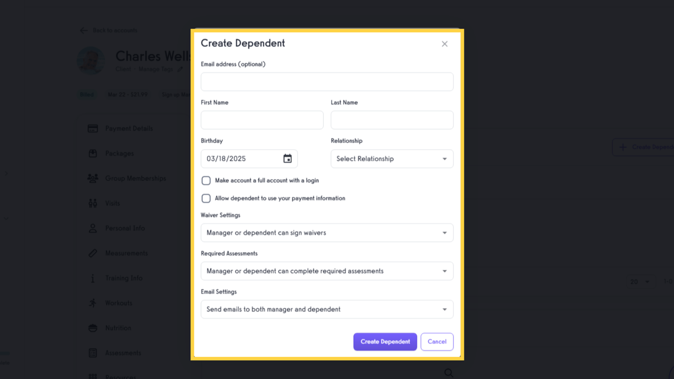 Complete the form 'Create Dependent'.