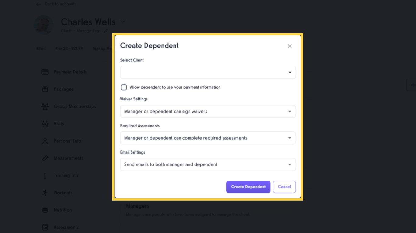 Complete the form 'Create Dependent'.