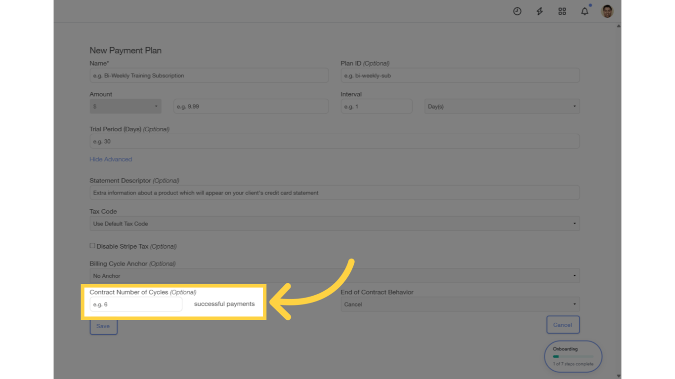 Enter Plan Contract Number of Cycles (Optional).