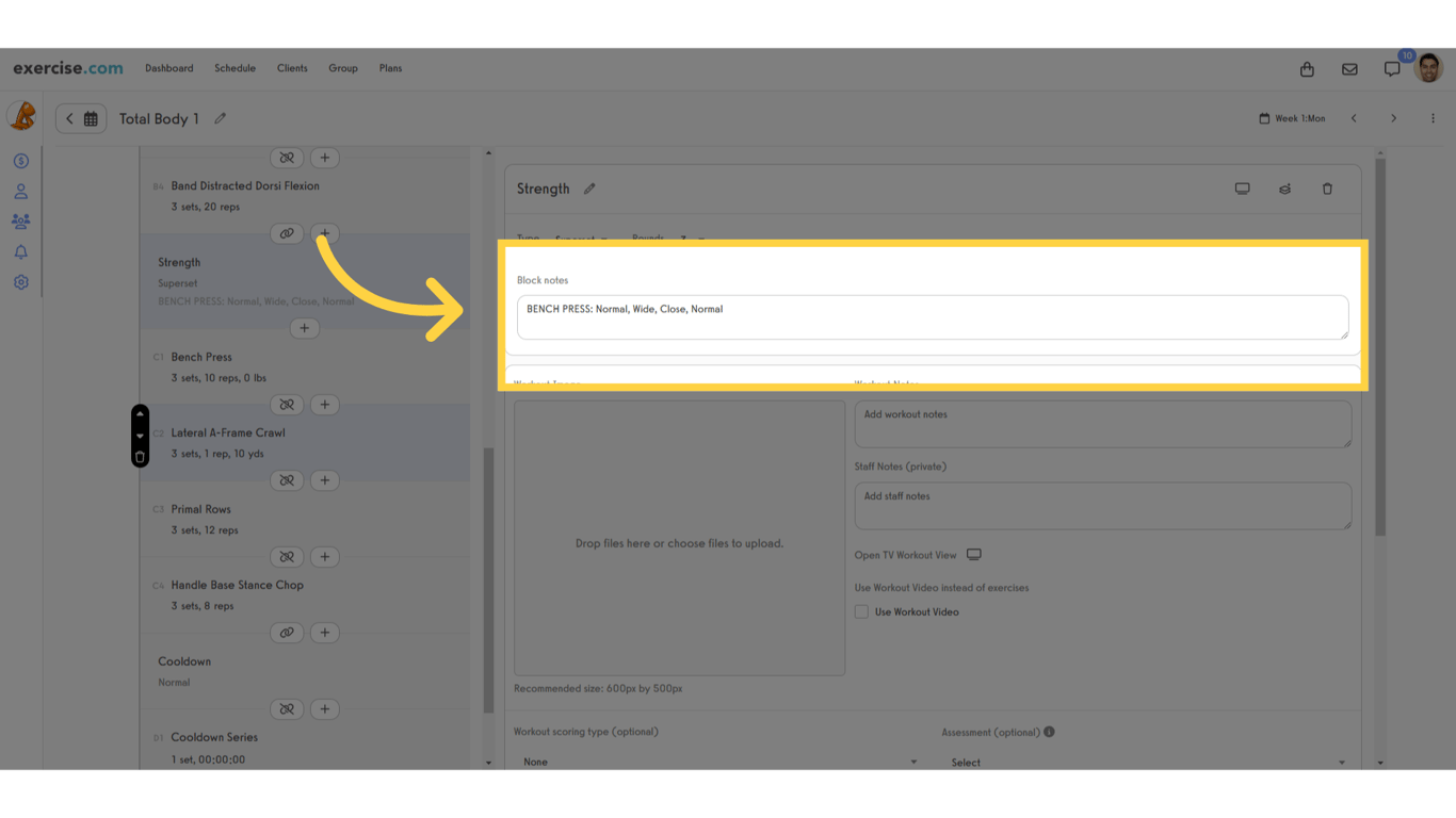 Add block notes for your clients to see during their workouts.