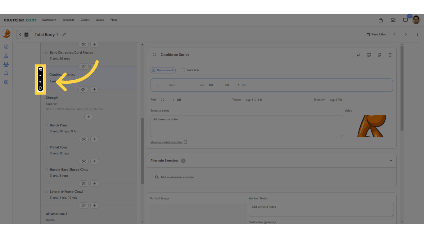 Hover over an exercise or block in the workout to see the quick actions.