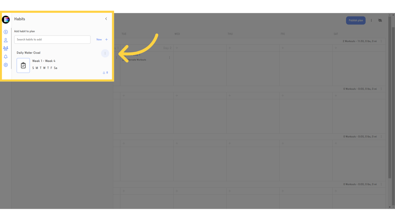 The bell icon will allow you to set up habit tracking to go along with the workouts on this plan.