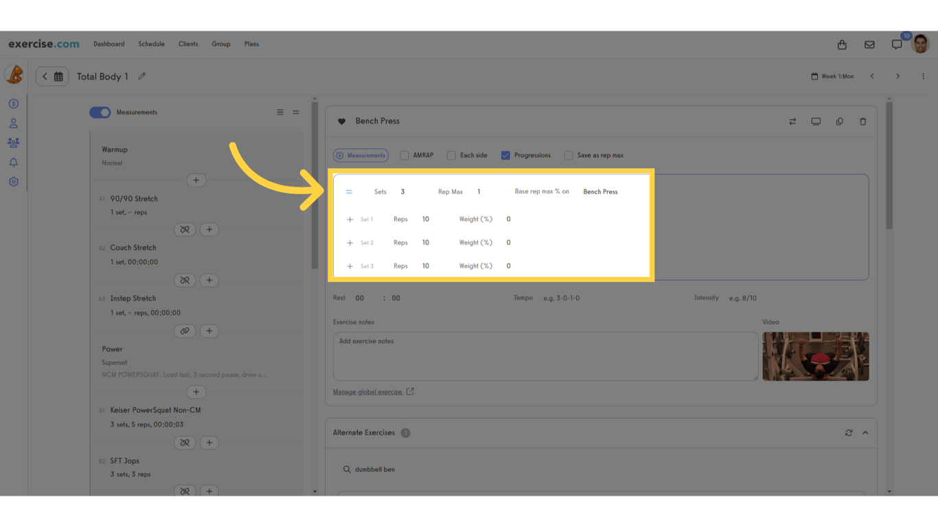 Click the expand sets icon to see and edit the reps or other measurements for each individual set.