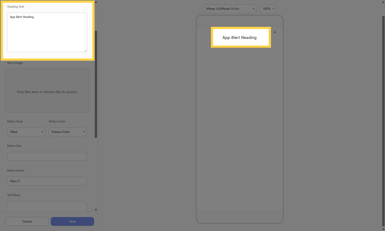 The Heading Text sets the largest text on the App Alert.