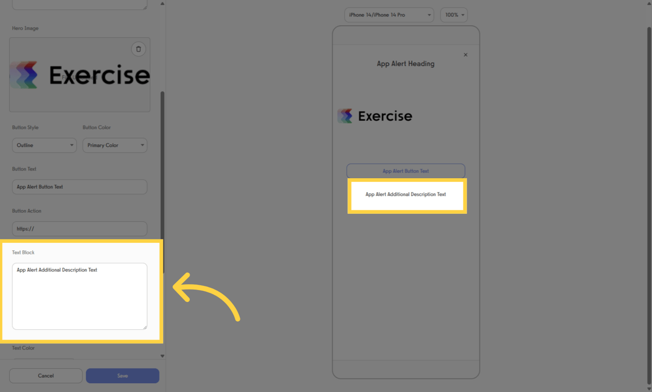 Use the 'Text Block' section for longer content or explanations that you want to include in the App Alert.