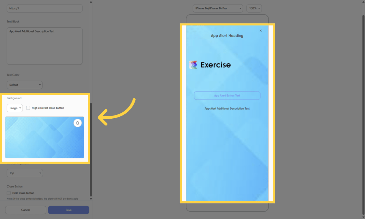 You can also upload an Image for your Background that will fill up the entire background of the App Alert.