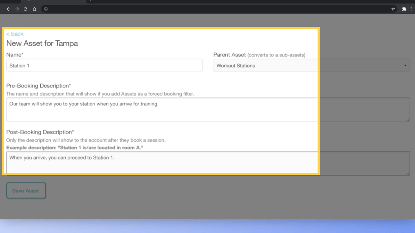 Give your Sub-Asset a name and descriptions similar to the parent asset.