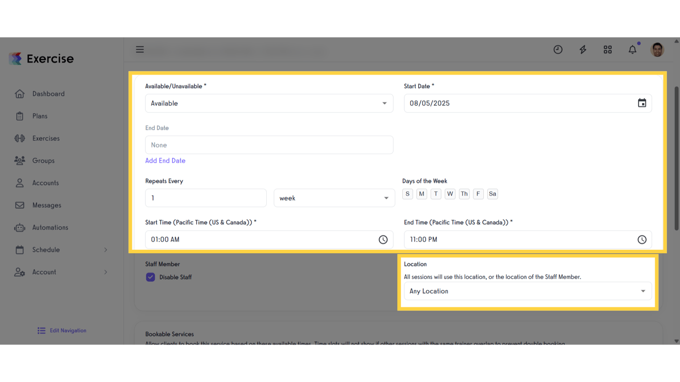 Set up the Availability settings, and Location