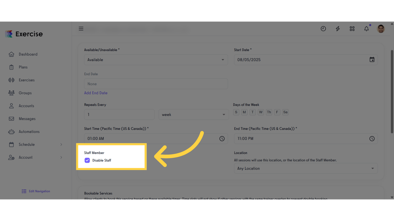 Check the box to Disable Staff from this Availability Schedule