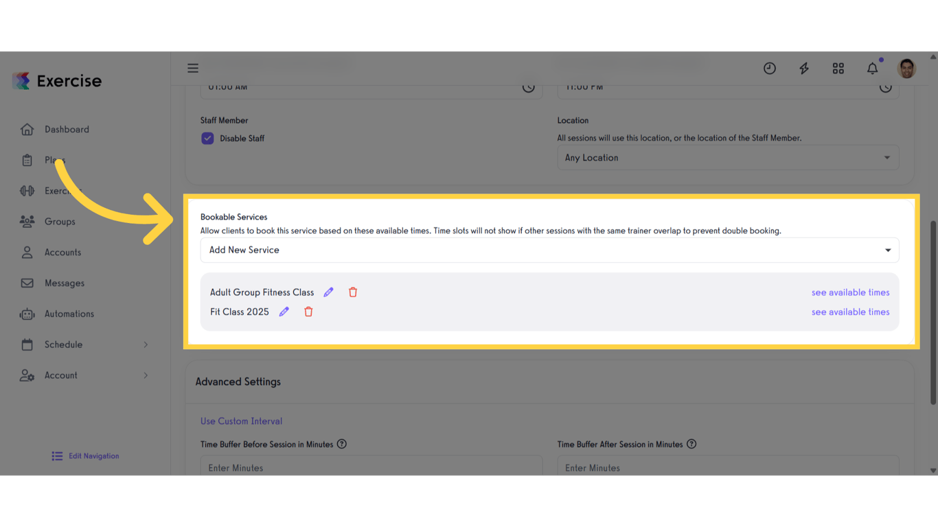 Select the Services you want to make available on this schedule