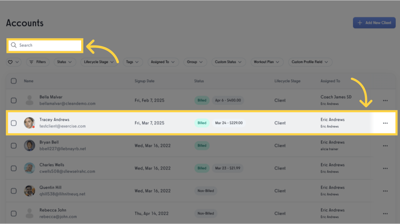 Search or select specific client.