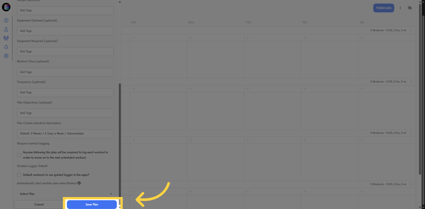 Screenshot showing the Save Plan button in the workout plan builder.