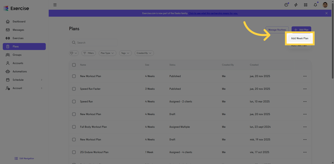 Screenshot highlighting the Add Week Plan option within a workout plan.