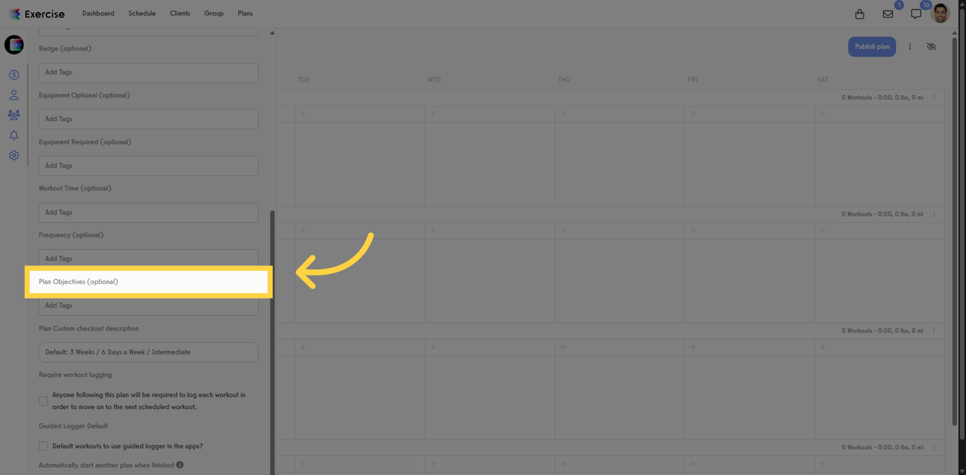 Screenshot showing the Plan Objectives menu inside the workout plan builder.