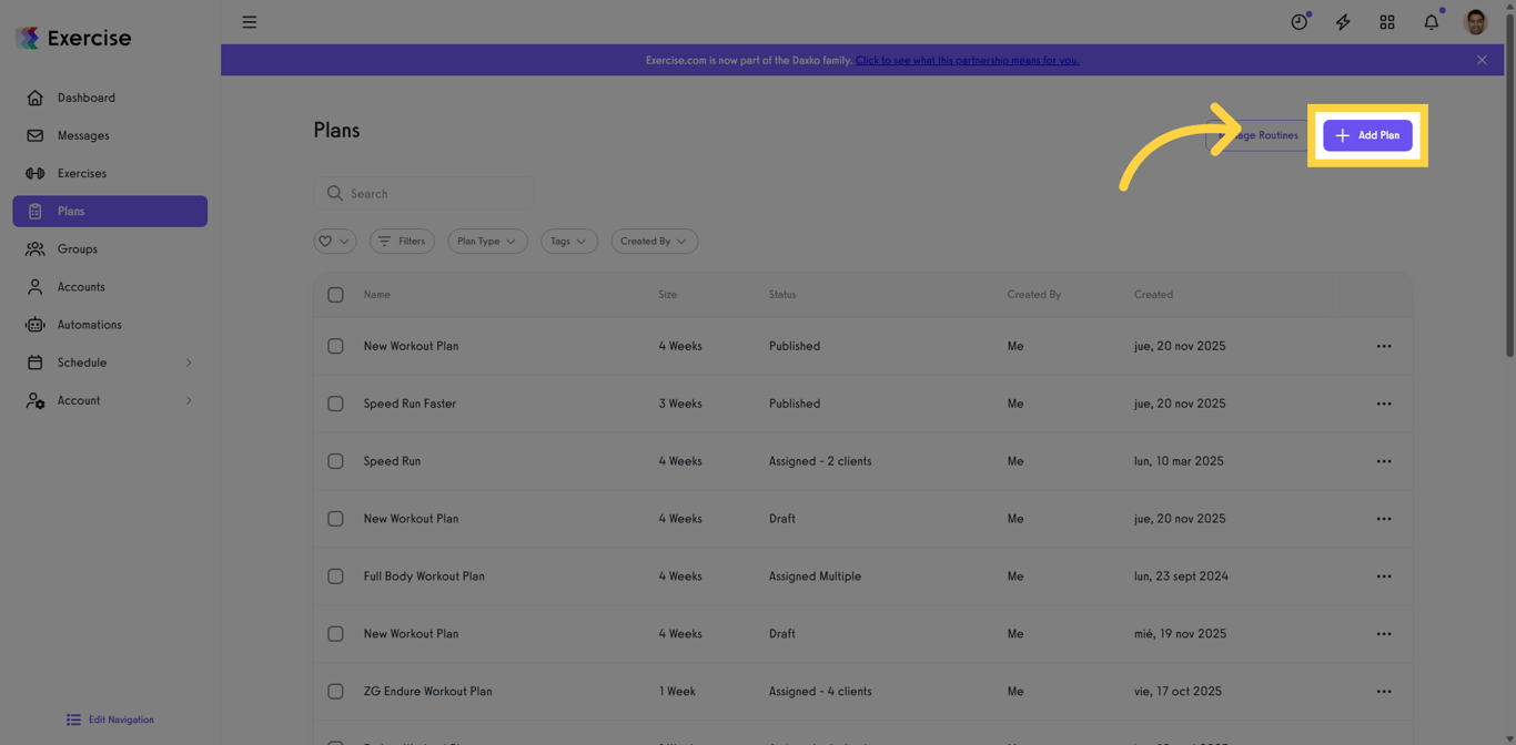 Screenshot showing the Add Plan button in the workout plan section.