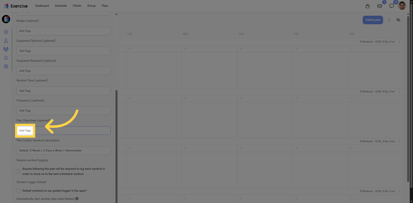 Screenshot of the Add Tags option for organizing workout plan objectives.