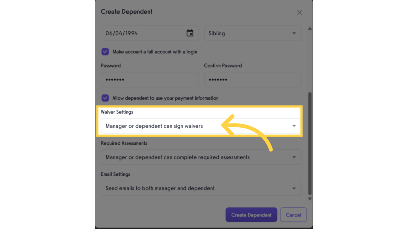 Select Waiver Settings