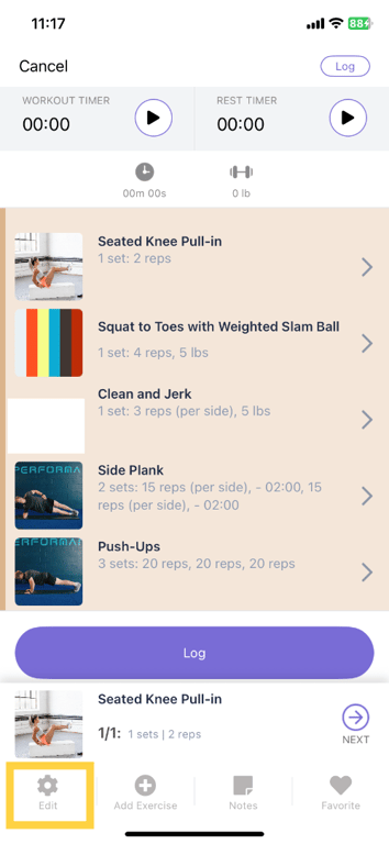 Open the Workout Logger and tap the Edit icon