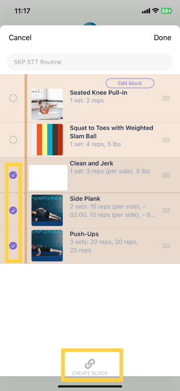 Select exercises and tap the chain icon to create a block