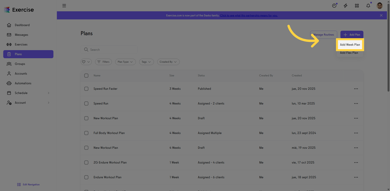 Add Week Plan menu option