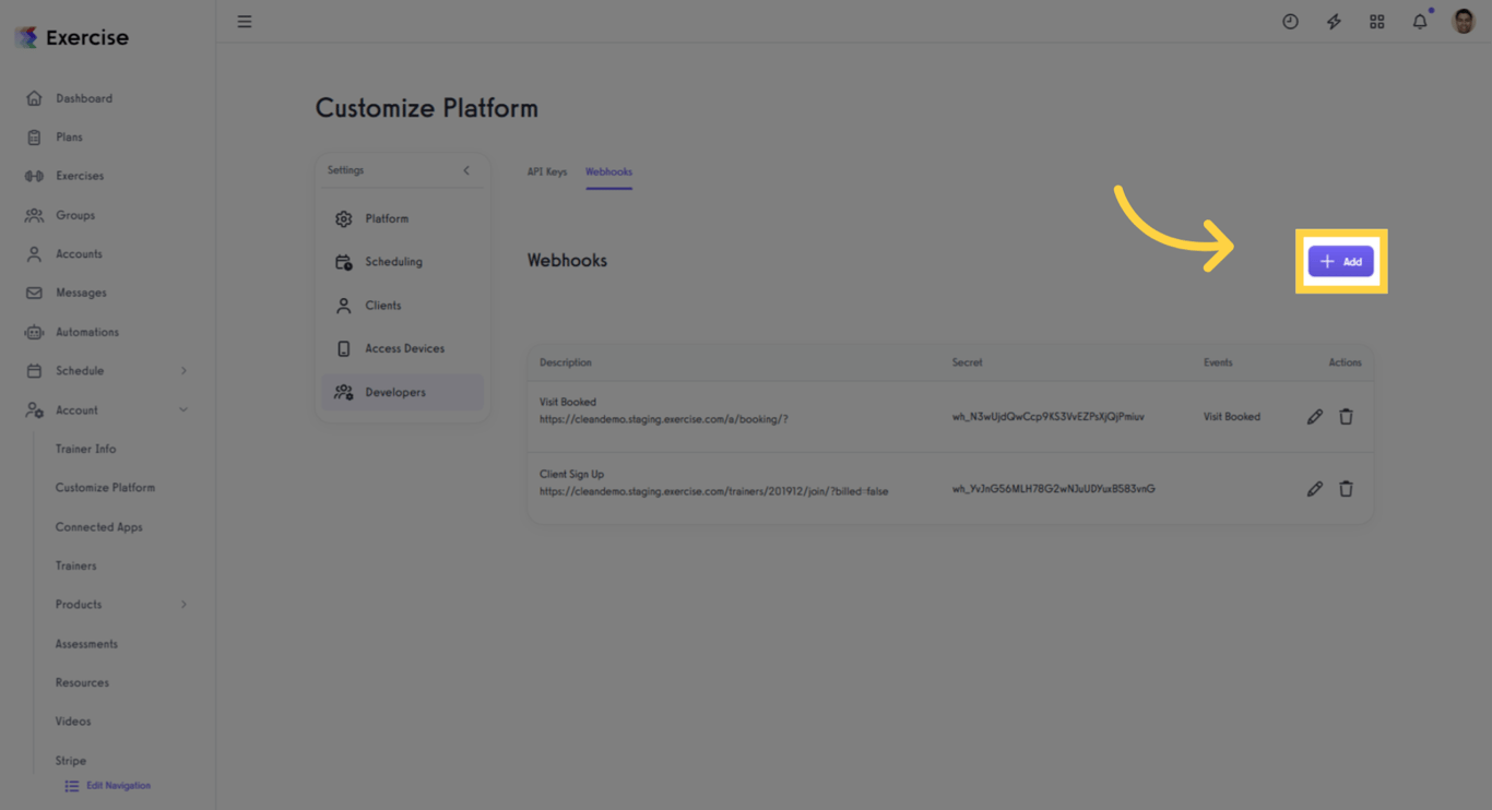 Select Add to create a new webhook