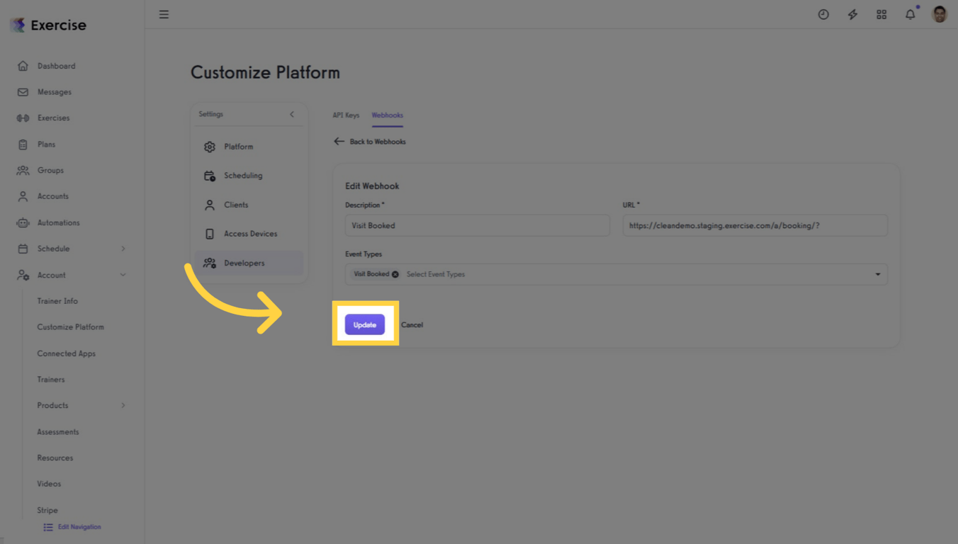 Save webhook by selecting Update