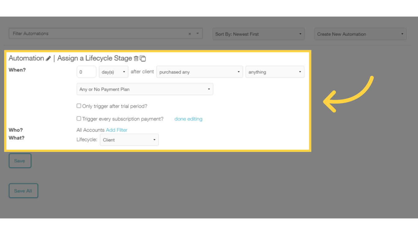 Use the 'Assign a Lifecycle Stage' automation to move accounts from stage to stage.