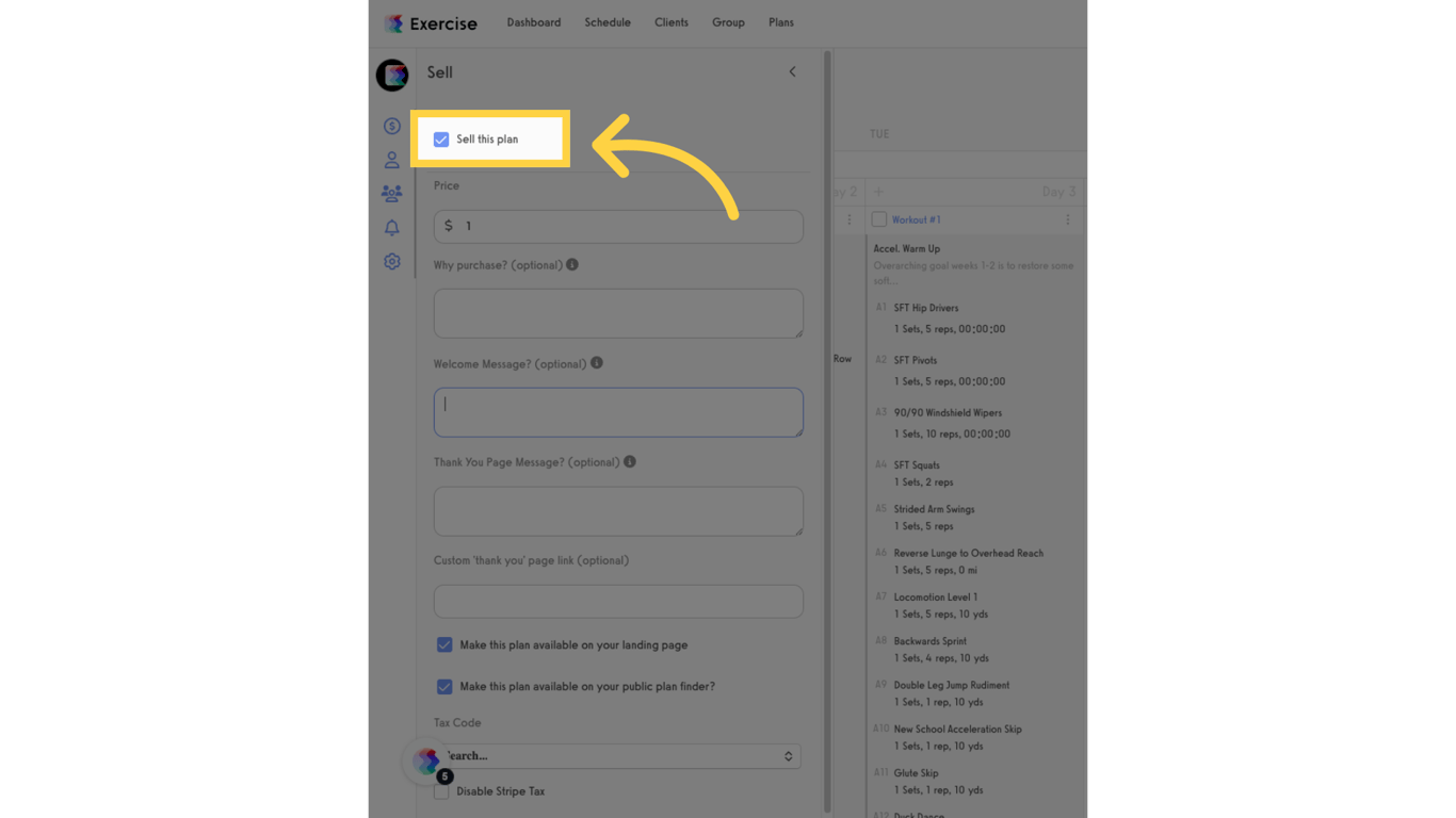 Tick the 'Sell this plan' checkbox.