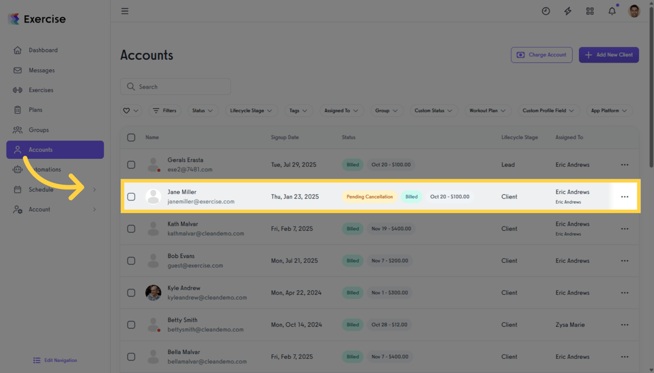Selecting a client profile from the client list